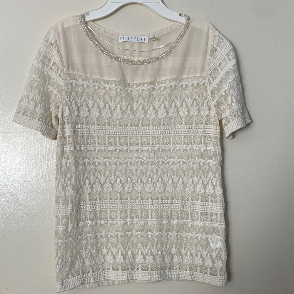 3 for‎ 25! Anthropologie Potter’s Pot Cream Lace Blouse with beading, size Small
